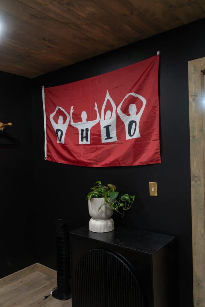 A red flag with white silhouettes forming the letters O-H-I-O is hanging on a black wall above a white potted plant on a black cabinet, creating cozy vibes perfect for beautiful vacations or luxury cabin stays.